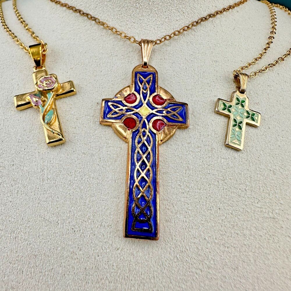 Vintage Enamel Cross Pendant Necklace Lot Gold Tone Chain Religious 1 Signed